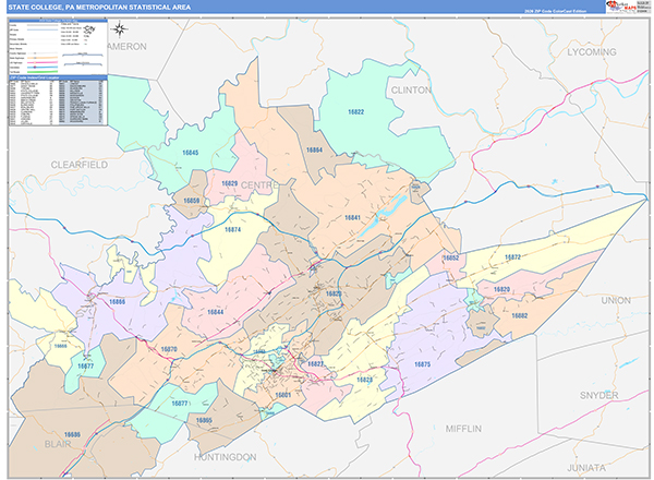 State College Metro Area Wall Map Color Cast Style